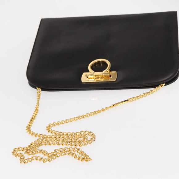 Salvatore Ferragamo Gancini Chain Hand Bag Leather Dark Brown Gold Auth 153963