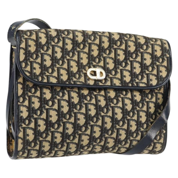Christian Dior Trotter Canvas Shoulder Bag Navy Gold Auth 153965