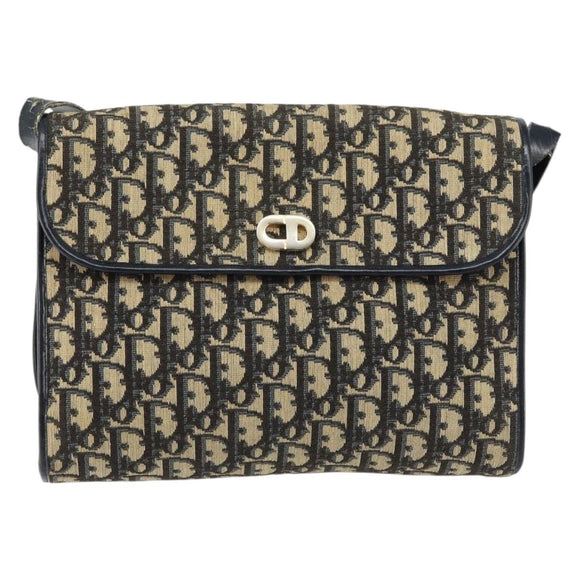 Christian Dior Trotter Canvas Shoulder Bag Navy Gold Auth 153965