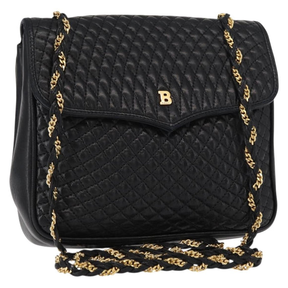 BALLY Chain Shoulder Bag Leather Black Gold Auth 153967