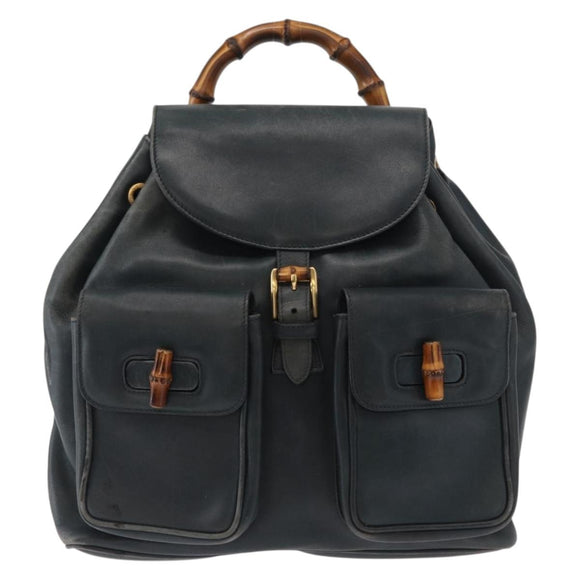 GUCCI Bamboo Backpack Leather Black Gold 003 58 0016 Auth 153971