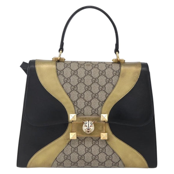 GUCCI GG Supreme Cat Head Hand Bag PVC 2way Beige Gold 476435 Auth 153975