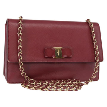Salvatore Ferragamo Vala Chain Shoulder Bag Leather Bordeaux Gold Auth 153977