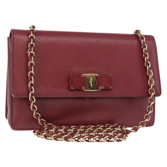Salvatore Ferragamo Vala Chain Shoulder Bag Leather Bordeaux Gold Auth 153977