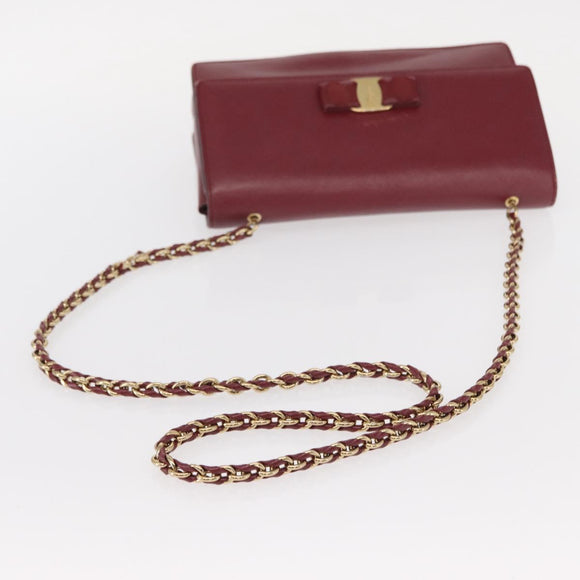 Salvatore Ferragamo Vala Chain Shoulder Bag Leather Bordeaux Gold Auth 153977