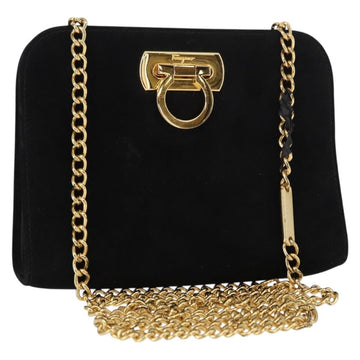 Salvatore Ferragamo Chain Gancini Shoulder Bag Suede Black Gold Auth 153978