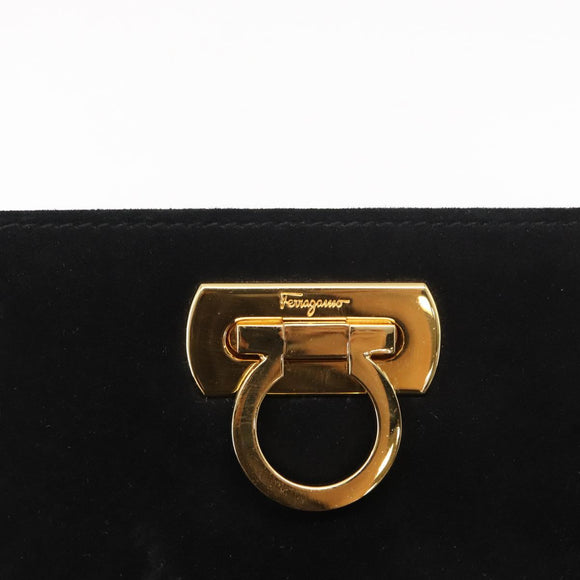 Salvatore Ferragamo Chain Gancini Shoulder Bag Suede Black Gold Auth 153978