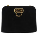 Salvatore Ferragamo Chain Gancini Shoulder Bag Suede Black Gold Auth 153978-2