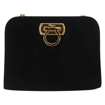 Salvatore Ferragamo Chain Gancini Shoulder Bag Suede Black Gold Auth 153978 - 0