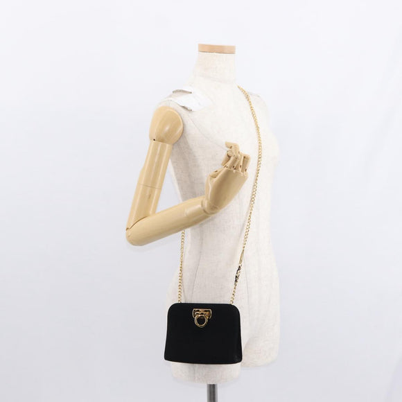 Salvatore Ferragamo Chain Gancini Shoulder Bag Suede Black Gold Auth 153978