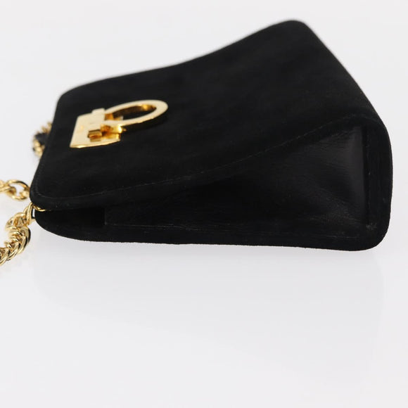 Salvatore Ferragamo Chain Gancini Shoulder Bag Suede Black Gold Auth 153978