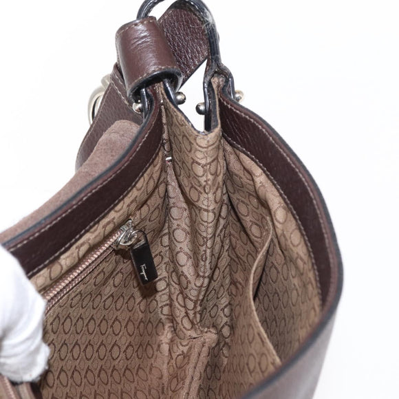 Salvatore Ferragamo Gancini Shoulder Bag Leather Dark Brown Silver Auth 153981