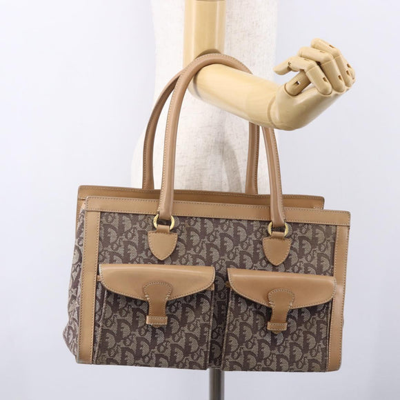 Christian Dior Trotter Canvas Hand Bag Brown Gold Auth 153990