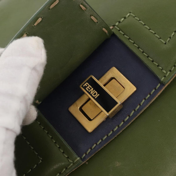 FENDI Silvana Hand Bag Leather 2way Green Gold Auth 153992