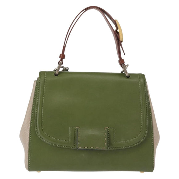 FENDI Silvana Hand Bag Leather 2way Green Gold Auth 153992