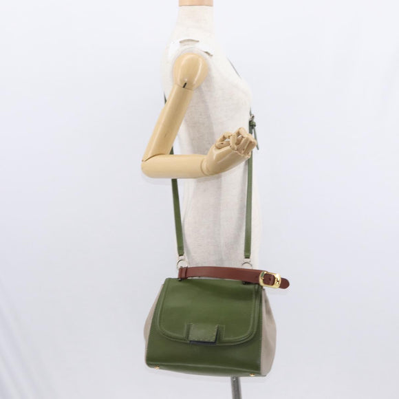 FENDI Silvana Hand Bag Leather 2way Green Gold Auth 153992