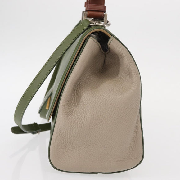 FENDI Silvana Hand Bag Leather 2way Green Gold Auth 153992