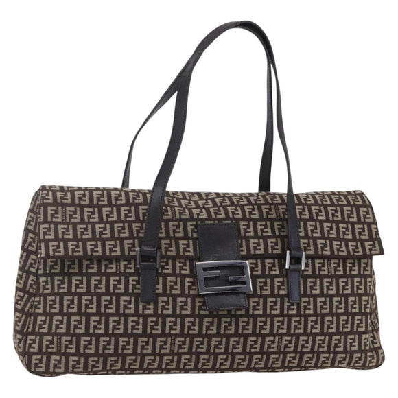 FENDI Zucchino Canvas Mamma Baguette Shoulder Bag Beige Brown Auth 153995