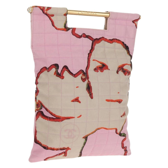 CHANEL Choco Bar Hand Bag Canvas Gold Pink CC Auth 154030M