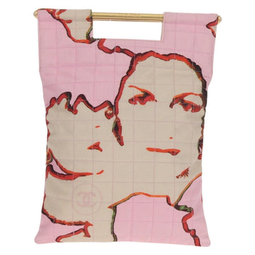 CHANEL Choco Bar Hand Bag Canvas Gold Pink CC Auth 154030M - 0