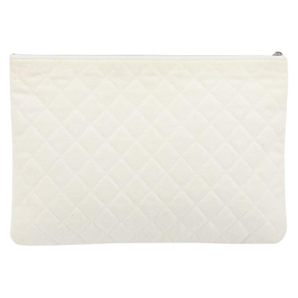 CHANEL Matelasse Clutch Bag Canvas White Silver CC Auth 154040