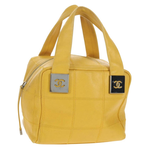 CHANEL Choco Bar Hand Bag Caviar Skin Yellow Silver CC Auth 154042V
