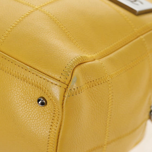 CHANEL Choco Bar Hand Bag Caviar Skin Yellow Silver CC Auth 154042V