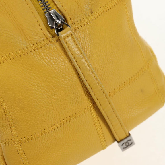 CHANEL Choco Bar Hand Bag Caviar Skin Yellow Silver CC Auth 154042V