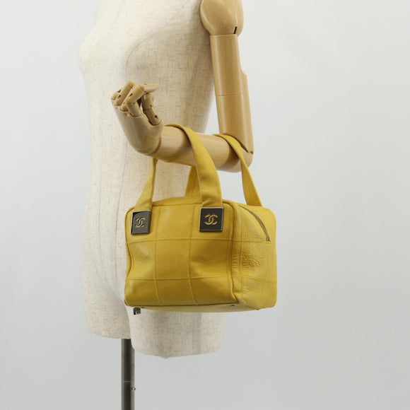 CHANEL Choco Bar Hand Bag Caviar Skin Yellow Silver CC Auth 154042V