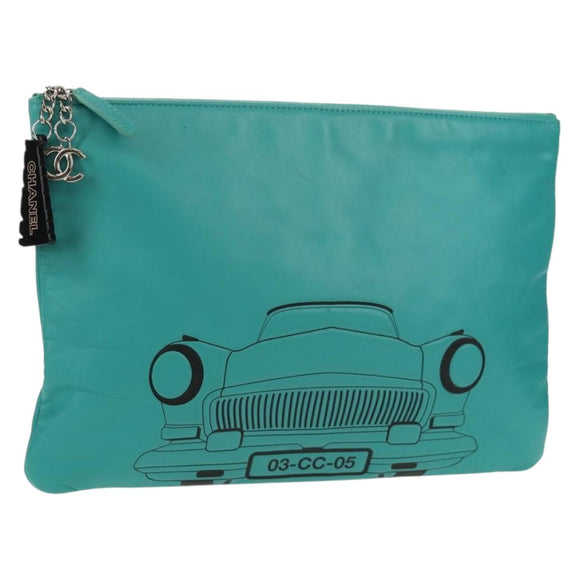 CHANEL Clutch Bag Lamb Skin Emerald Green CC Auth 154047V