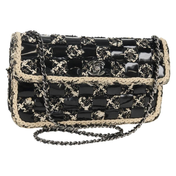 CHANEL Chain Shoulder Bag Tweed Black Silver CC Auth 154048V