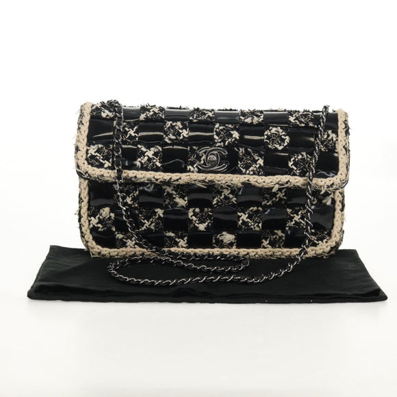 CHANEL Chain Shoulder Bag Tweed Black Silver CC Auth 154048V