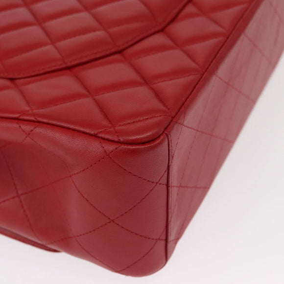 CHANEL Matelasse 34 Double Flap Chain Bag Lamb Skin Red CC Auth 154053SM