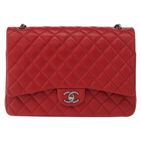 CHANEL Matelasse 34 Double Flap Chain Bag Lamb Skin Red CC Auth 154053SM
