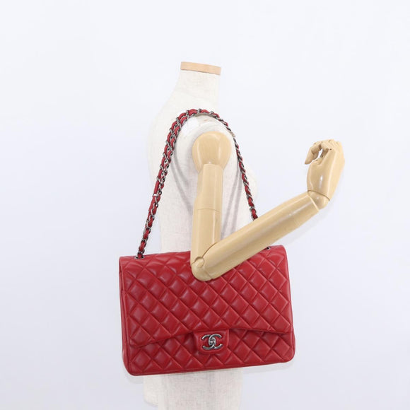 CHANEL Matelasse 34 Double Flap Chain Bag Lamb Skin Red CC Auth 154053SM