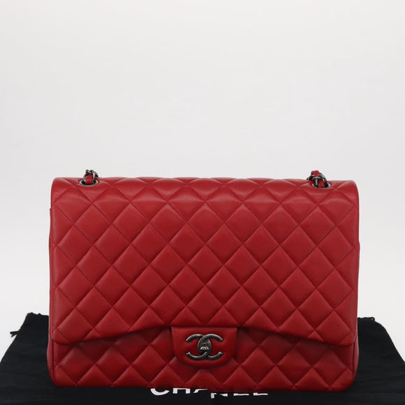 CHANEL Matelasse 34 Double Flap Chain Bag Lamb Skin Red CC Auth 154053SM