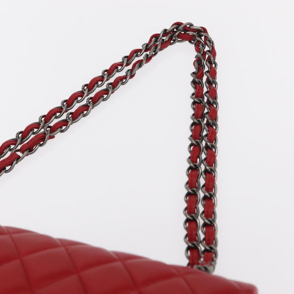 CHANEL Matelasse 34 Double Flap Chain Bag Lamb Skin Red CC Auth 154053SM