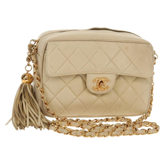 CHANEL Matelasse Chain Shoulder Bag Lamb Skin Ivory Gold CC Auth 154054V