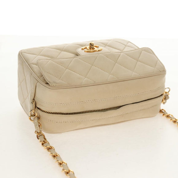 CHANEL Matelasse Chain Shoulder Bag Lamb Skin Ivory Gold CC Auth 154054V
