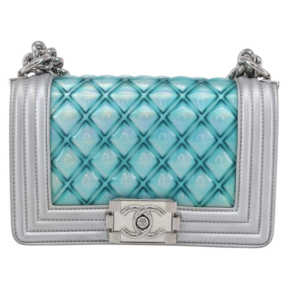 CHANEL Chain Boy Chanel Shoulder Bag Leather Silver CC Auth 154056SAM