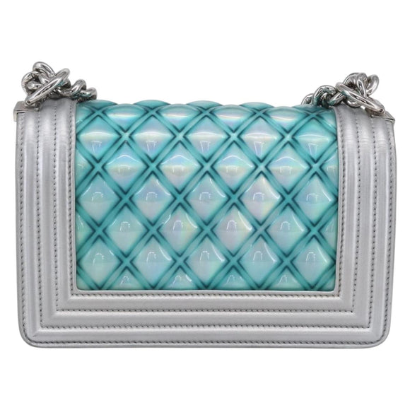 CHANEL Chain Boy Chanel Shoulder Bag Leather Silver CC Auth 154056SAM