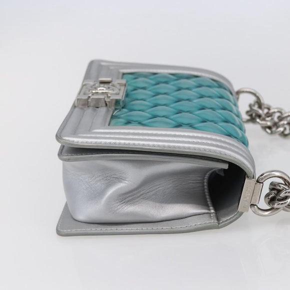 CHANEL Chain Boy Chanel Shoulder Bag Leather Silver CC Auth 154056SAM