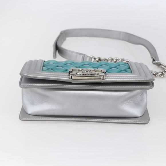 CHANEL Chain Boy Chanel Shoulder Bag Leather Silver CC Auth 154056SAM