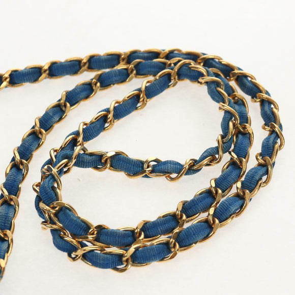 CHANEL Mademoiselle Chain Shoulder Bag Canvas Blue Gold CC Auth 154058SAV