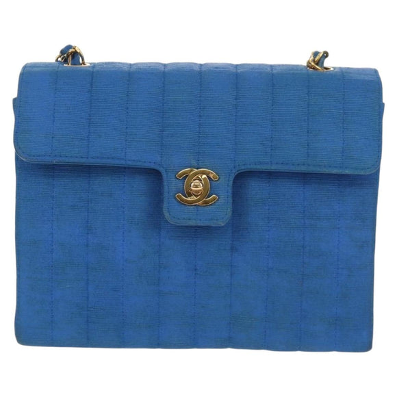 CHANEL Mademoiselle Chain Shoulder Bag Canvas Blue Gold CC Auth 154058SAV