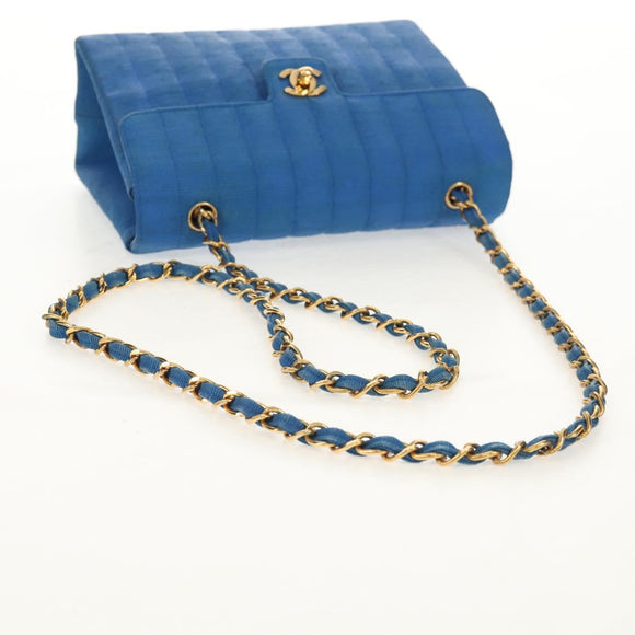 CHANEL Mademoiselle Chain Shoulder Bag Canvas Blue Gold CC Auth 154058SAV
