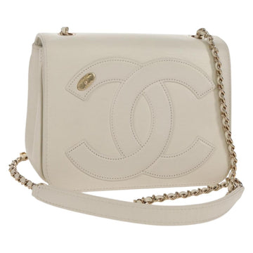 CHANEL COCO Mark Chain Shoulder Bag Lamb Skin White Gold CC Auth 154059V