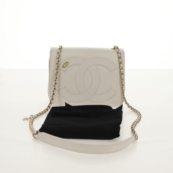 CHANEL COCO Mark Chain Shoulder Bag Lamb Skin White Gold CC Auth 154059V