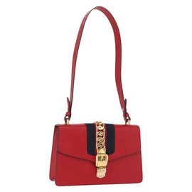 GUCCI Sylvie Sherry Line Shoulder Bag Leather Red Gold Navy 421882 Auth 154071M