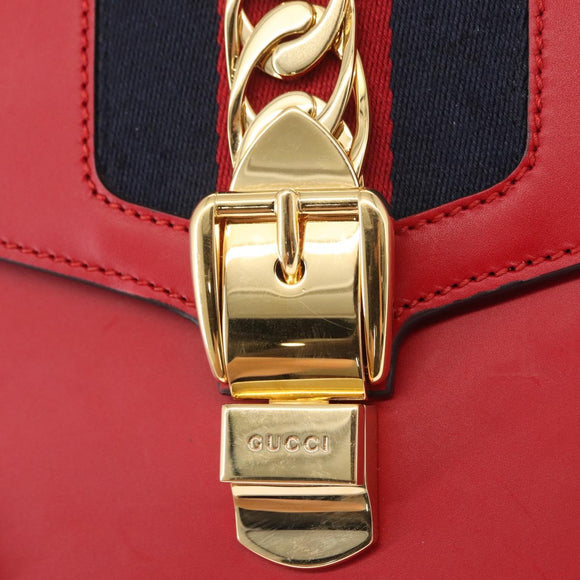 GUCCI Sylvie Sherry Line Shoulder Bag Leather Red Gold Navy 421882 Auth 154071M